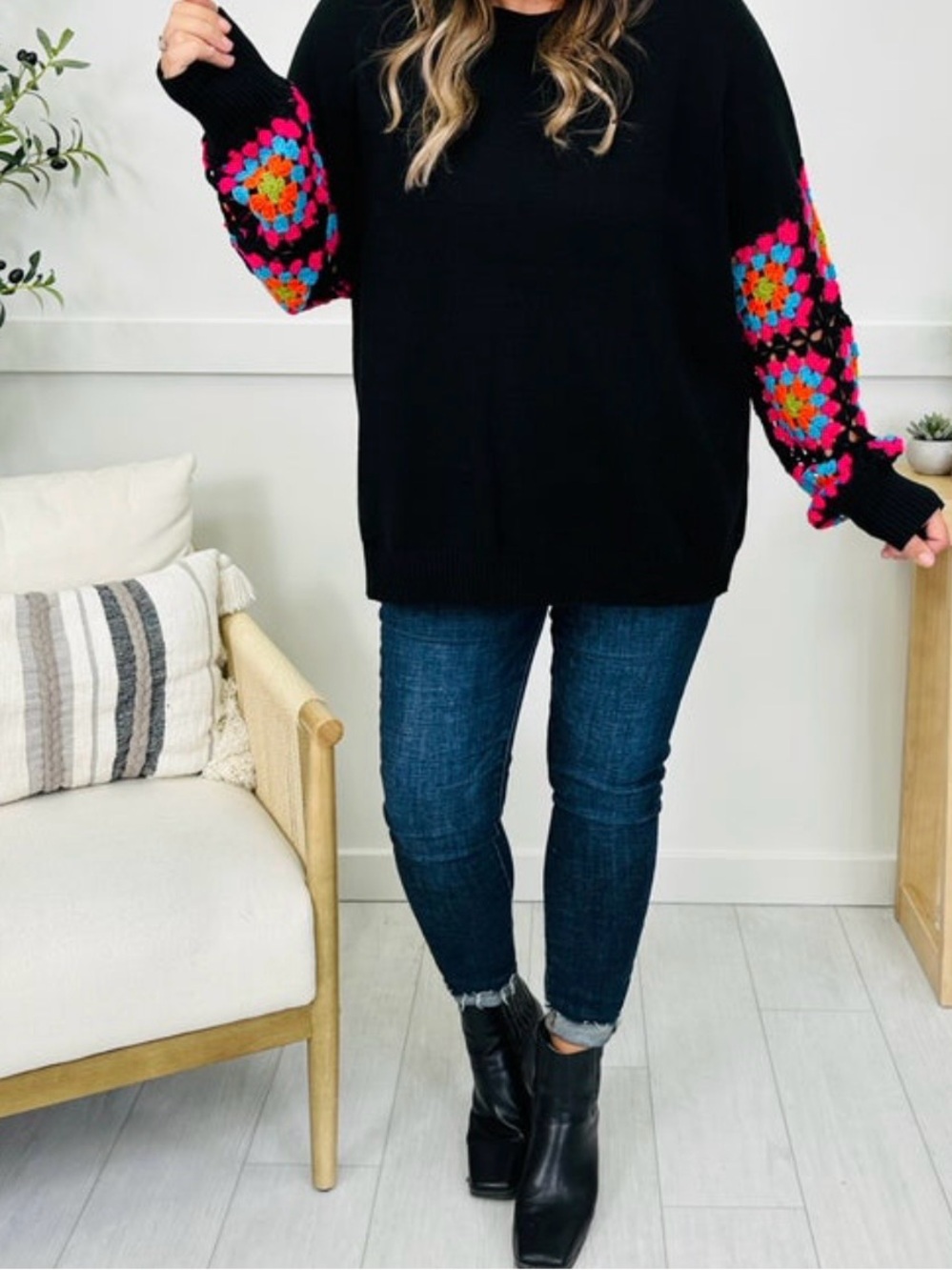Black Crewneck Sweater with Colorful Crochet Sleeves